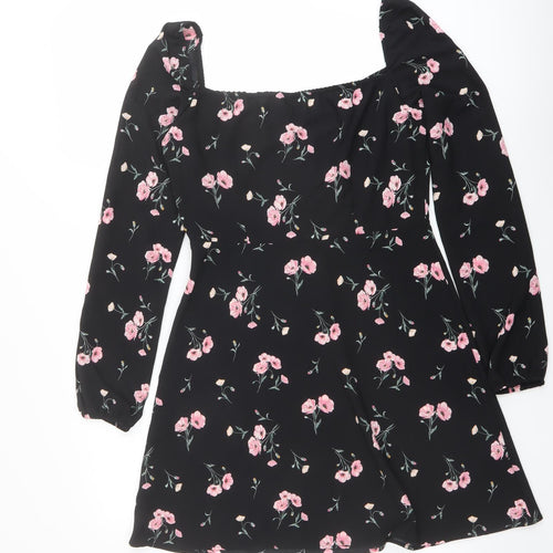 H&M Womens Black Floral Polyester A-Line Size 12 Round Neck Zip