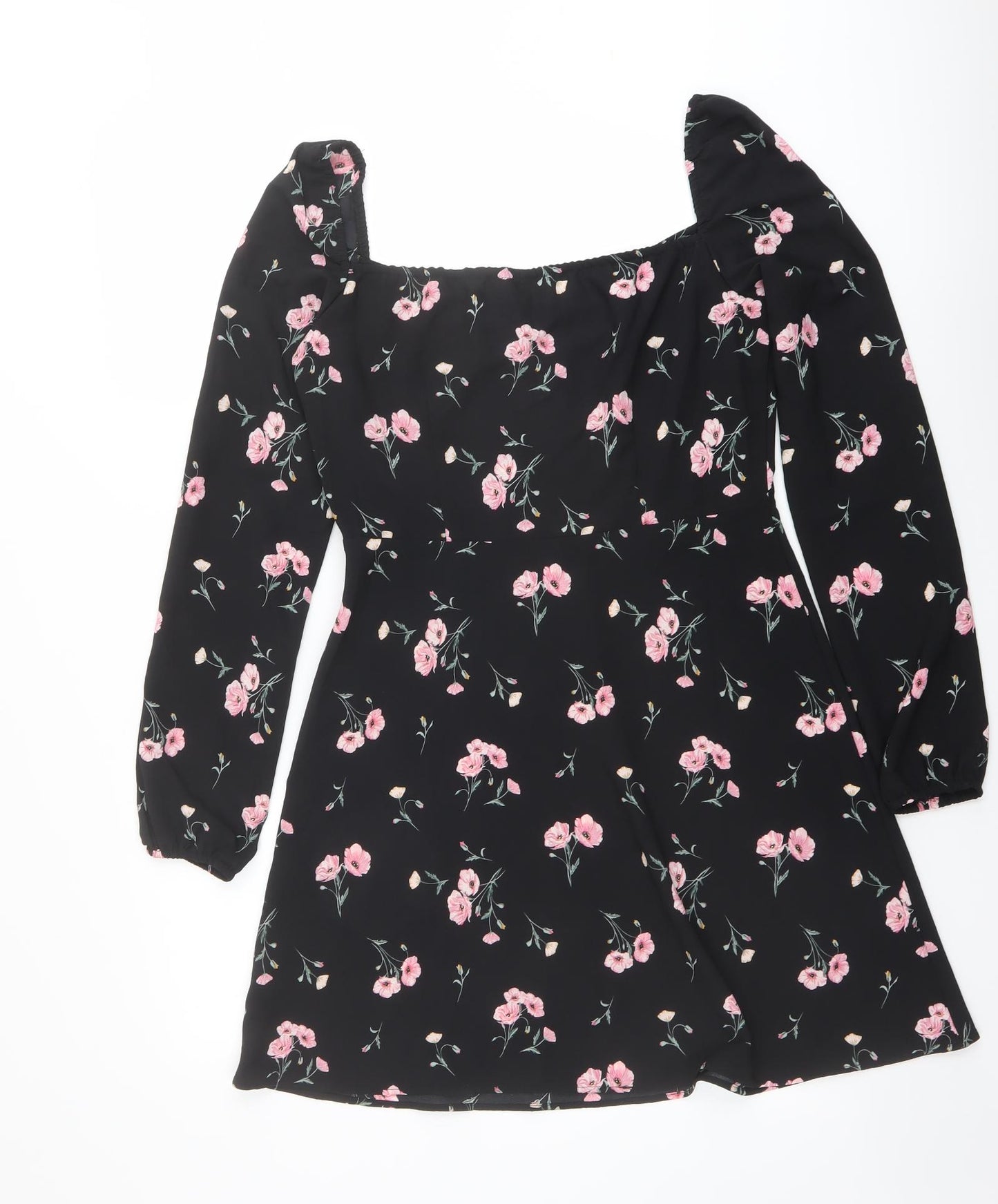 H&M Womens Black Floral Polyester A-Line Size 12 Round Neck Zip