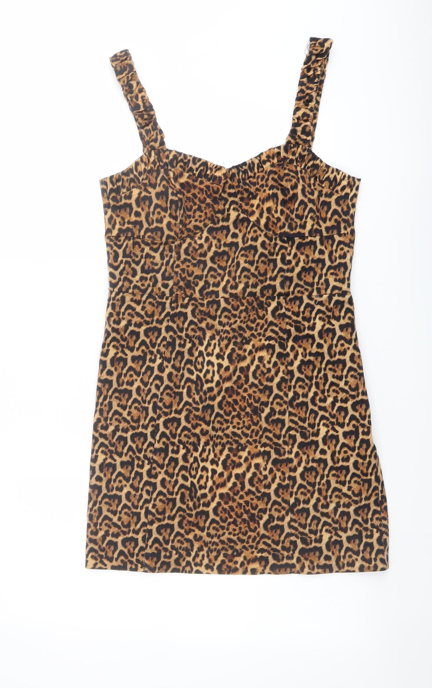 Zara Womens Brown Animal Print Cotton Bodycon Size M V-Neck Zip - Leopard pattern