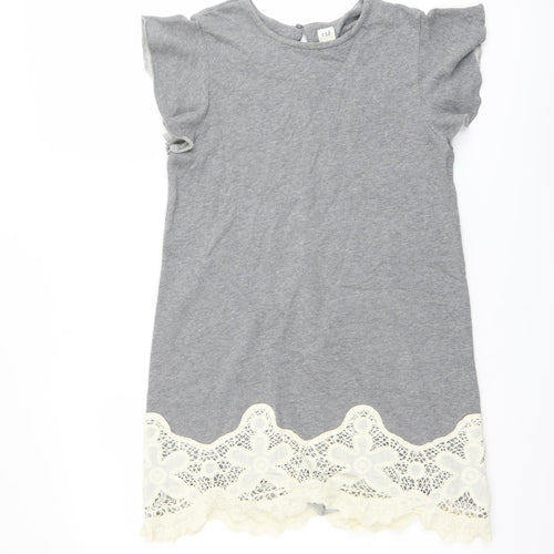 Gap Girls Grey Cotton Shift Size 10 Years Round Neck Button - Lace Detail