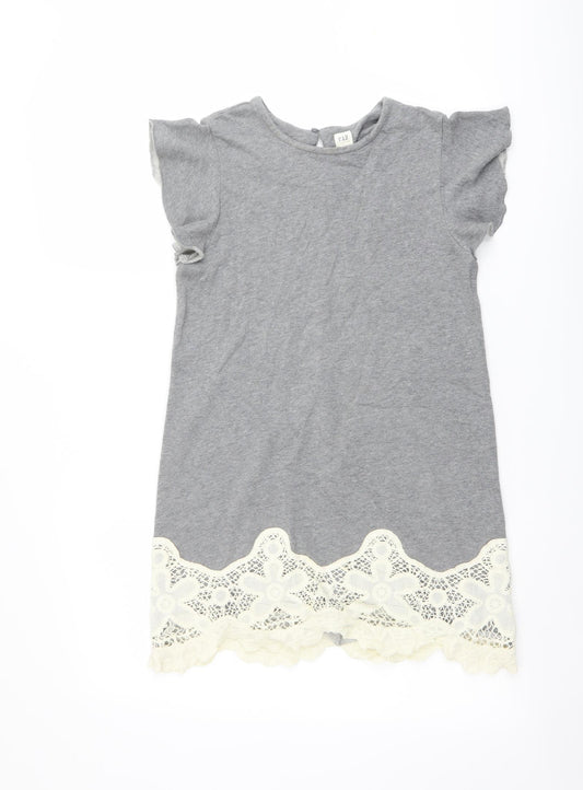 Gap Girls Grey Cotton Shift Size 10 Years Round Neck Button - Lace Detail