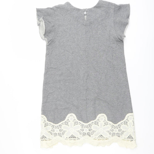 Gap Girls Grey Cotton Shift Size 10 Years Round Neck Button - Lace Detail