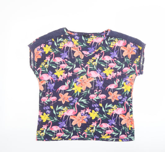 M&Co Womens Multicoloured Geometric Cotton Basic T-Shirt Size 14 V-Neck - Flamingo