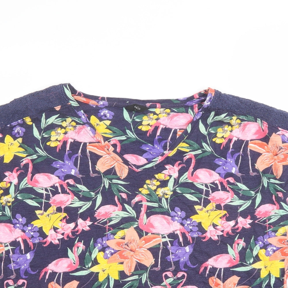 M&Co Womens Multicoloured Geometric Cotton Basic T-Shirt Size 14 V-Neck - Flamingo