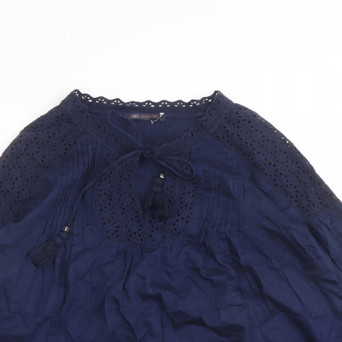 Marks and Spencer Womens Blue Cotton Basic Blouse Size 10 Round Neck - Broderie Anglaise