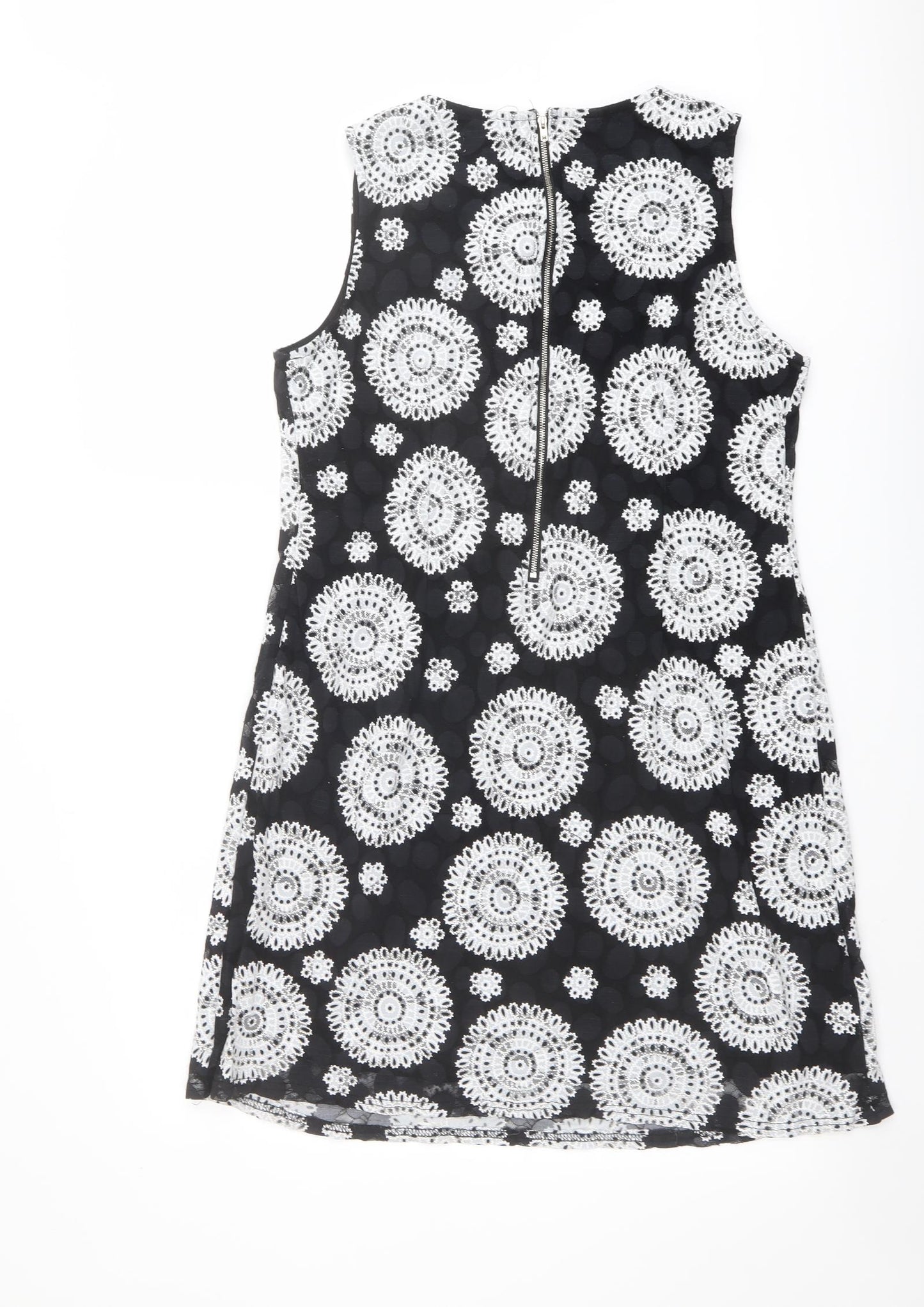 Apricot Womens Black Geometric Polyester Tank Dress Size 14 Round Neck Zip