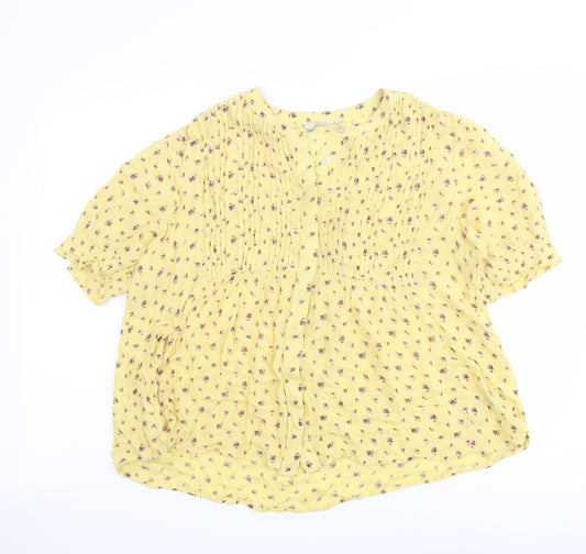 NEXT Womens Yellow Floral Viscose Basic Button-Up Size 14 V-Neck