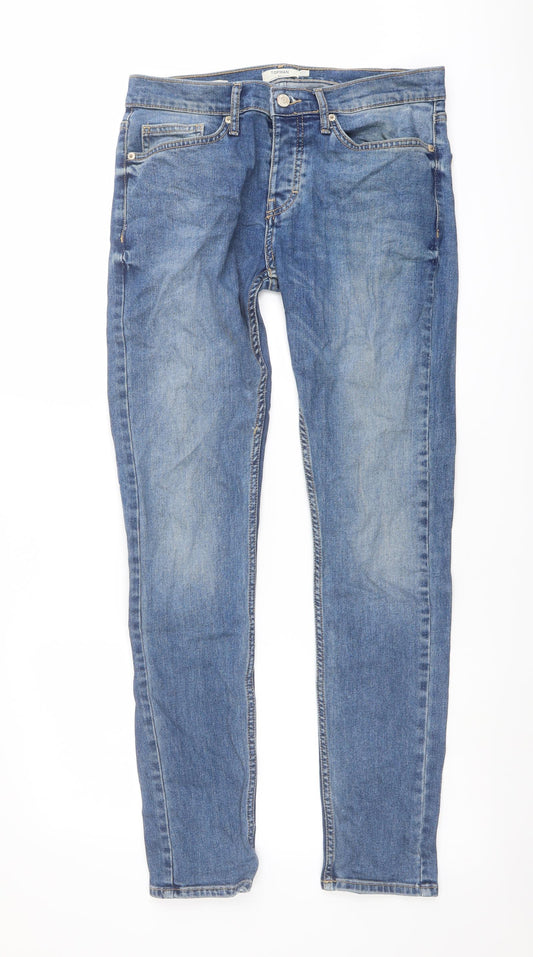 Topman Mens Blue Cotton Skinny Jeans Size 32 in L31 in Regular Button
