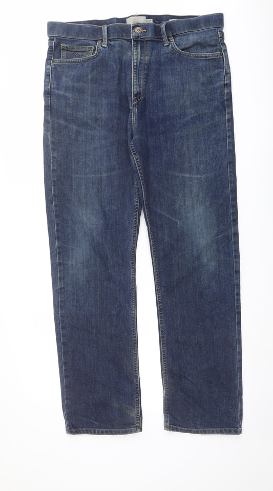 Marks and Spencer Mens Blue Cotton Straight Jeans Size 36 in L31 in Regular Button