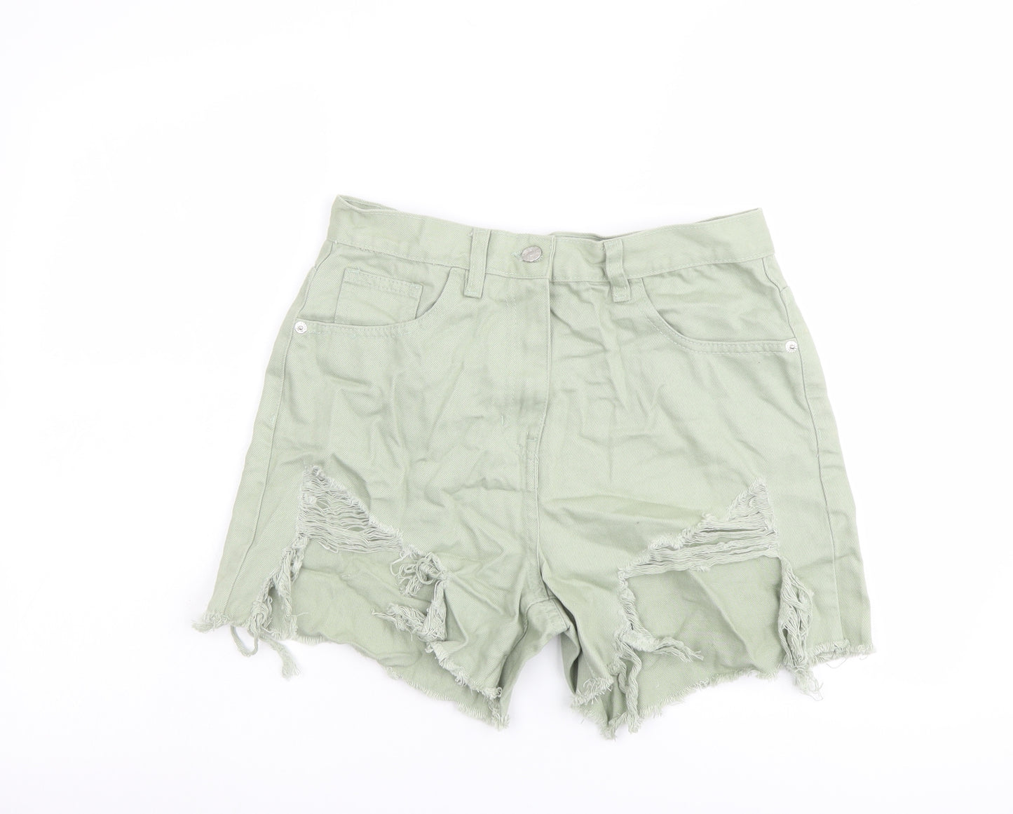 Rebellious Womens Green Cotton Boyfriend Shorts Size 10 L4 in Regular Button - Distressed Look Raw Hems