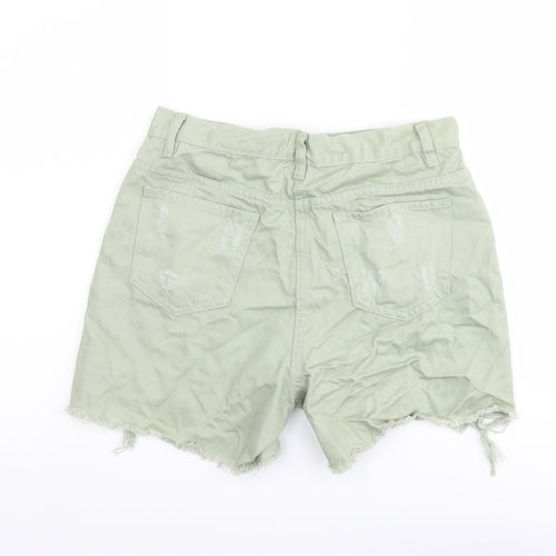 Rebellious Womens Green Cotton Boyfriend Shorts Size 10 L4 in Regular Button - Distressed Look Raw Hems