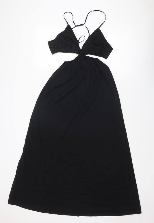 Zara Womens Black Cotton A-Line Size S V-Neck Tie