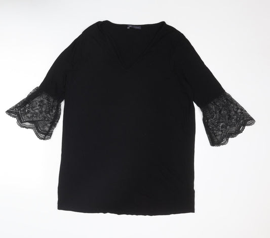 Marks and Spencer Womens Black Viscose Basic Blouse Size 14 Round Neck - Lace Details on Sleeves