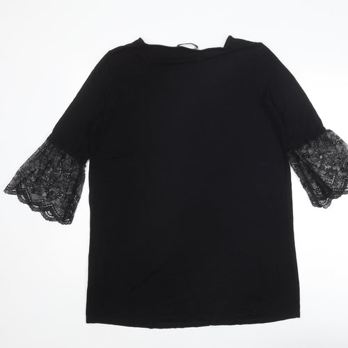 Marks and Spencer Womens Black Viscose Basic Blouse Size 14 Round Neck - Lace Details on Sleeves