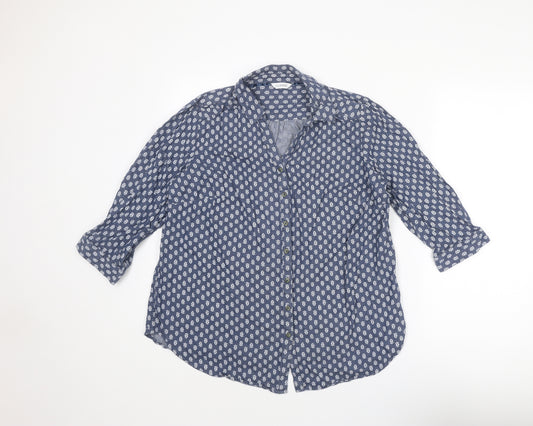 Classic Womens Blue Geometric Cotton Basic Button-Up Size 16 Collared