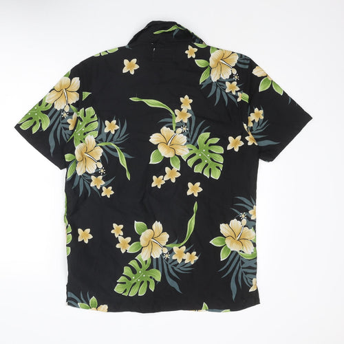 Waikiki Mens Black Geometric Polyester Button-Up Size S Collared Button - Leaf Print