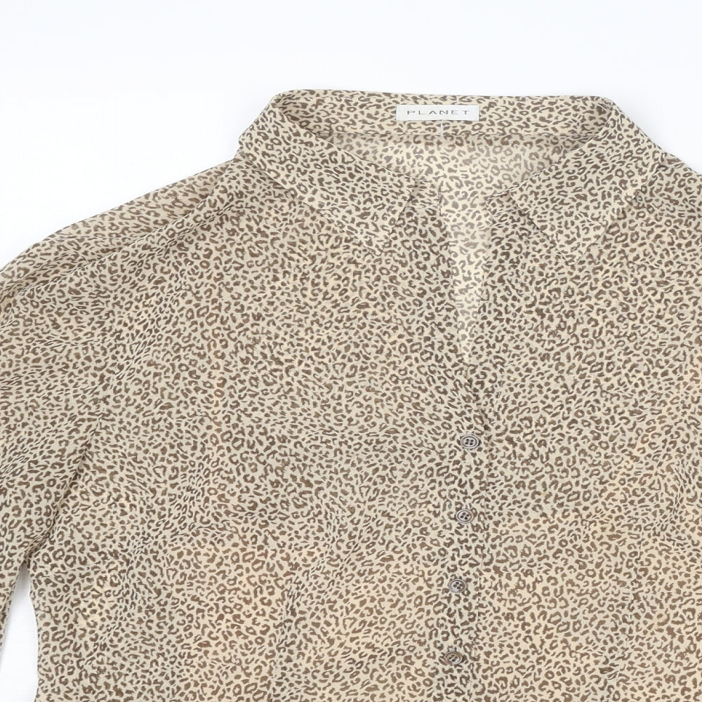Planet Womens Beige Animal Print Polyester Basic Blouse Size 12 Collared - Leopard Print