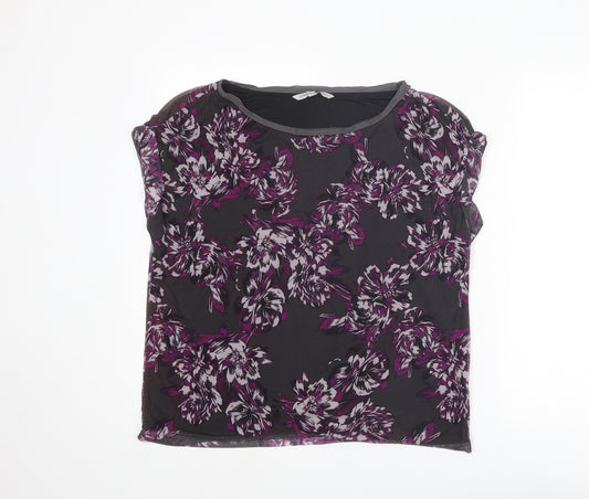Adrienne Vittadini Womens Purple Floral Polyester Basic T-Shirt Size M Round Neck