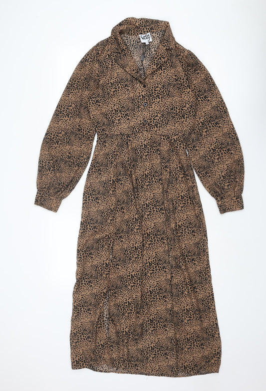 Lola May Womens Brown Animal Print Polyester Shirt Dress Size 8 Collared Button - Leopard Print