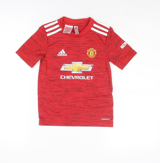 adidas Boys Red Geometric Polyester Basic T-Shirt Size 5-6 Years Round Neck Pullover - Manchester United