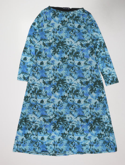 Marks and Spencer Womens Blue Floral Polyester A-Line Size 18 Round Neck Pullover