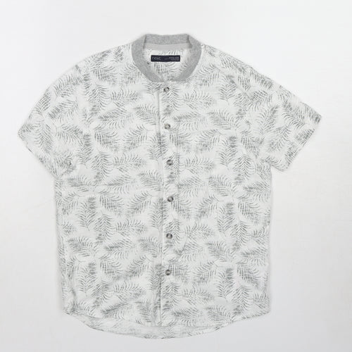 NEXT Boys White Geometric Cotton Basic Button-Up Size 7 Years Round Neck Button - Leaf pattern