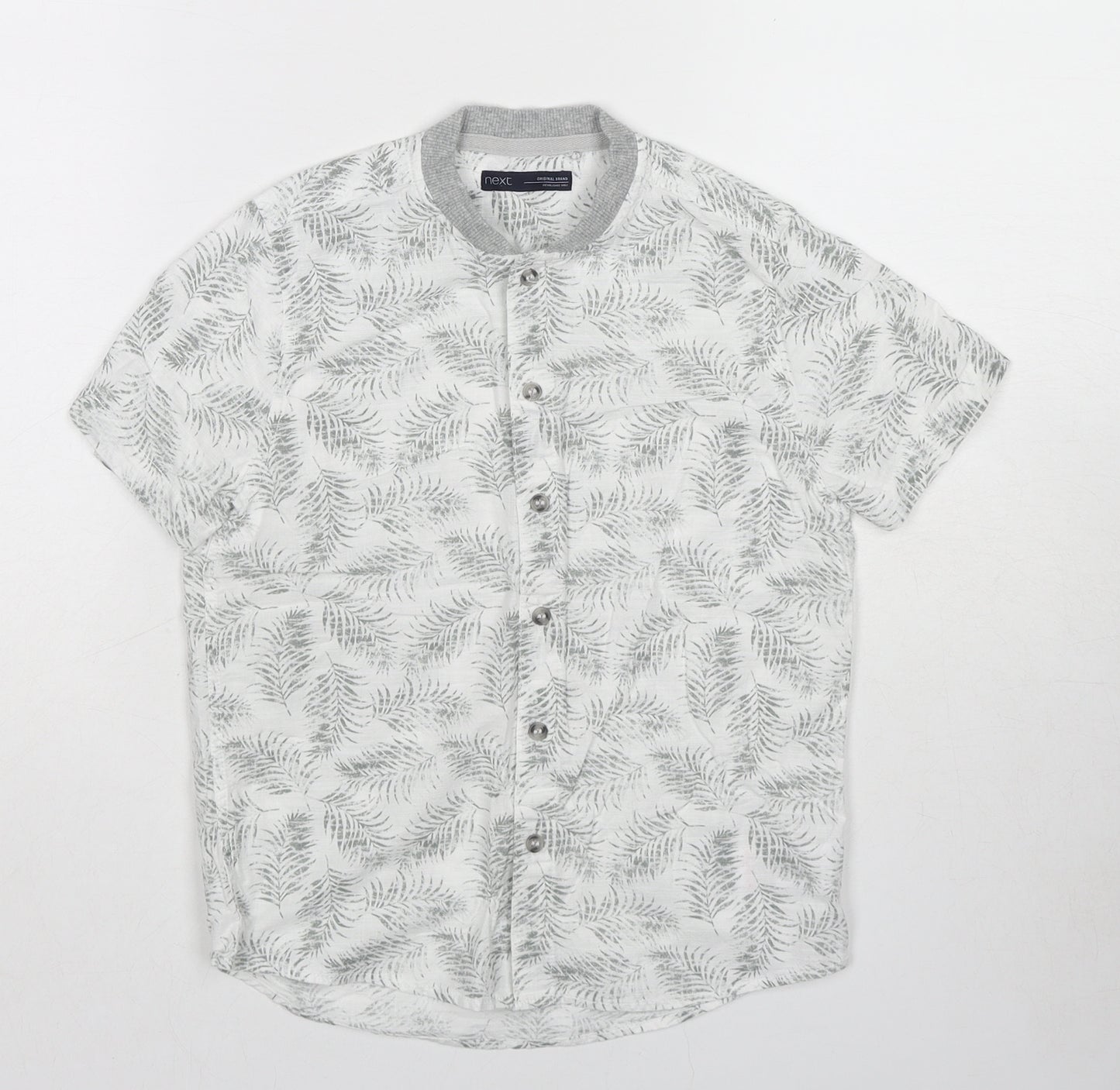 NEXT Boys White Geometric Cotton Basic Button-Up Size 7 Years Round Neck Button - Leaf pattern