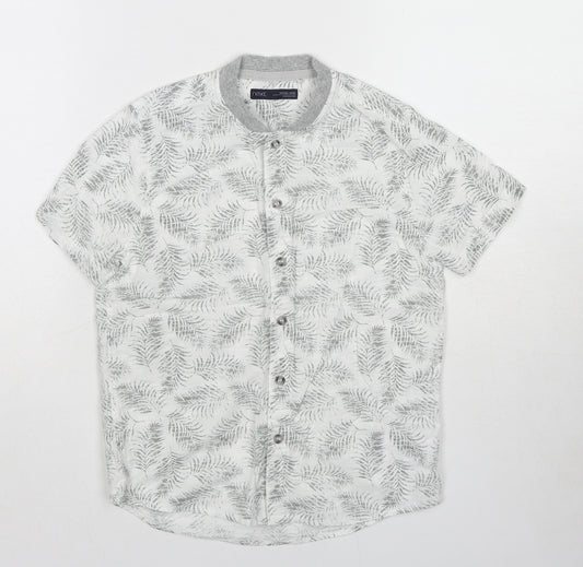 NEXT Boys White Geometric Cotton Basic Button-Up Size 7 Years Round Neck Button - Leaf pattern