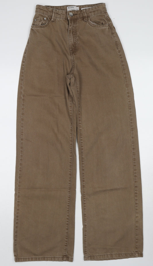 Bershka Womens Brown Cotton Wide-Leg Jeans Size 4 L30 in Regular Zip