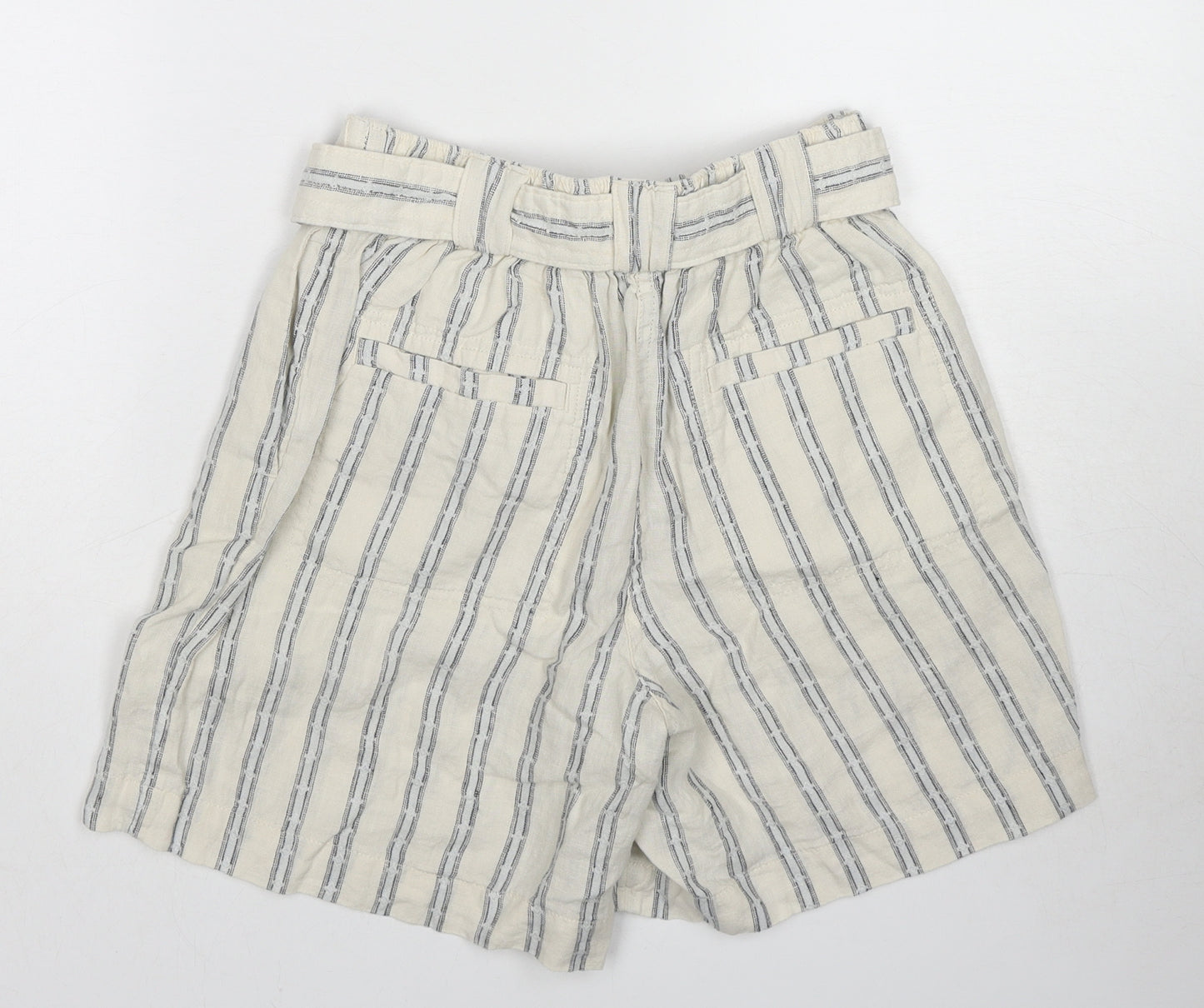 Marks and Spencer Womens Ivory Striped Linen Basic Shorts Size 6 L6 in Regular Zip - Belted
