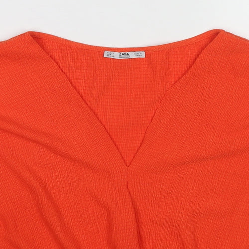 Zara Womens Orange Polyester Basic Blouse Size L V-Neck - Twist Detail