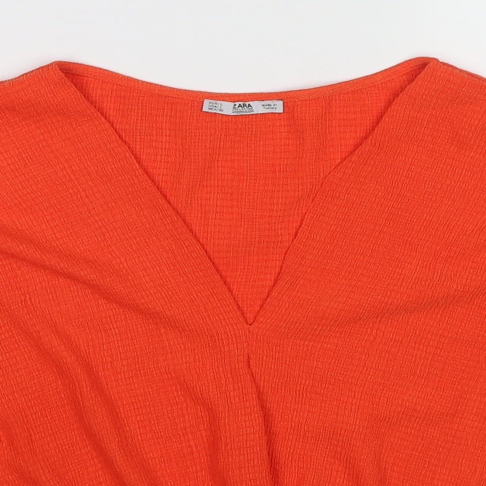 Zara Womens Orange Polyester Basic Blouse Size L V-Neck - Twist Detail