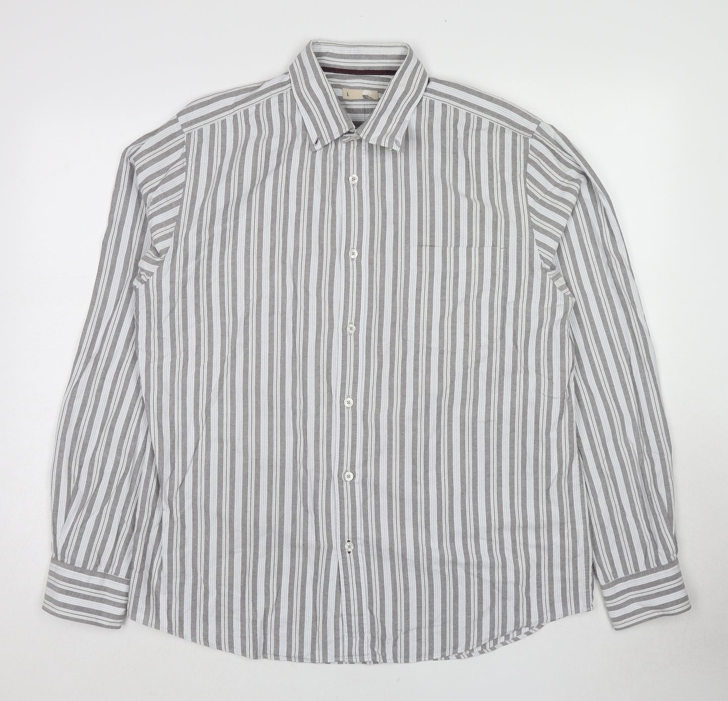 John Lewis Mens Grey Striped Cotton Button-Up Size L Collared Button
