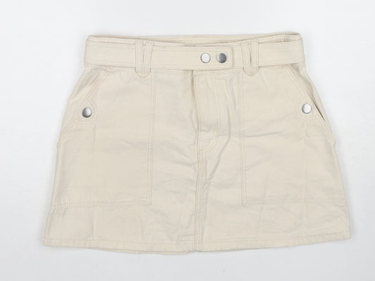 H&M Womens Beige Cotton Mini Skirt Size 8 Zip - Belted