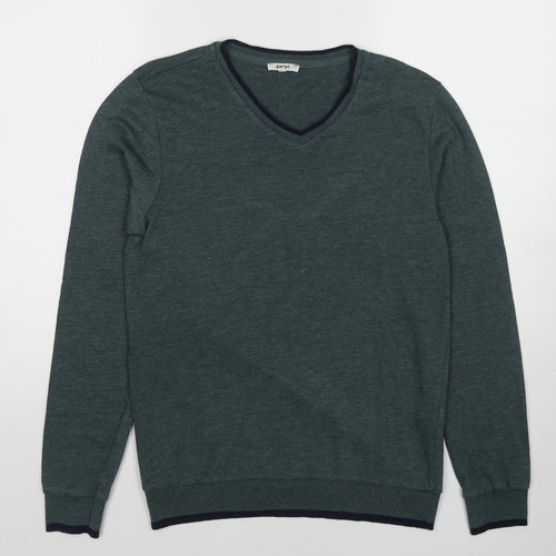 Koton Mens Green V-Neck Cotton Pullover Jumper Size S Long Sleeve