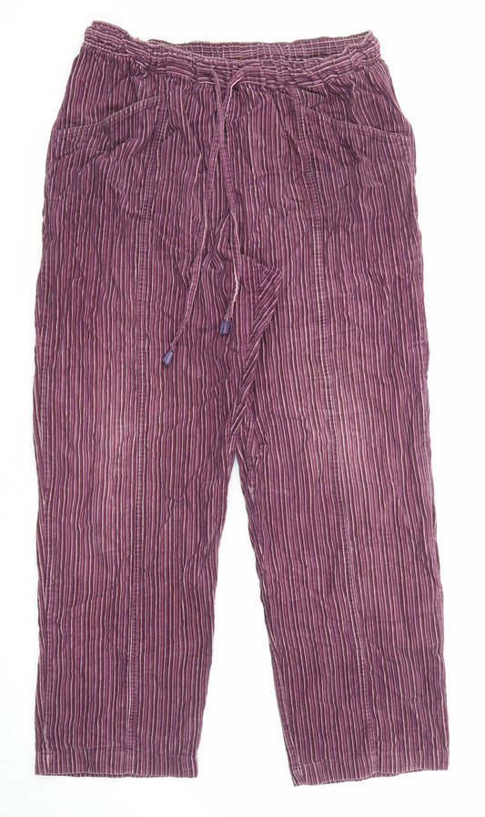 EWM Womens Purple Striped Cotton Trousers Size 14 L26 in Regular Drawstring