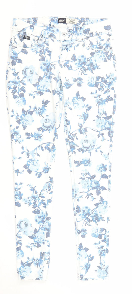 Superdry Womens Blue Floral Cotton Skinny Jeans Size 30 in L32 in Regular Zip