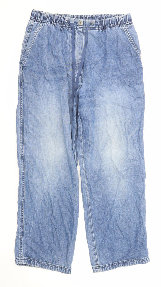 Marks and Spencer Womens Blue Cotton Wide-Leg Jeans Size 14 L26 in Regular