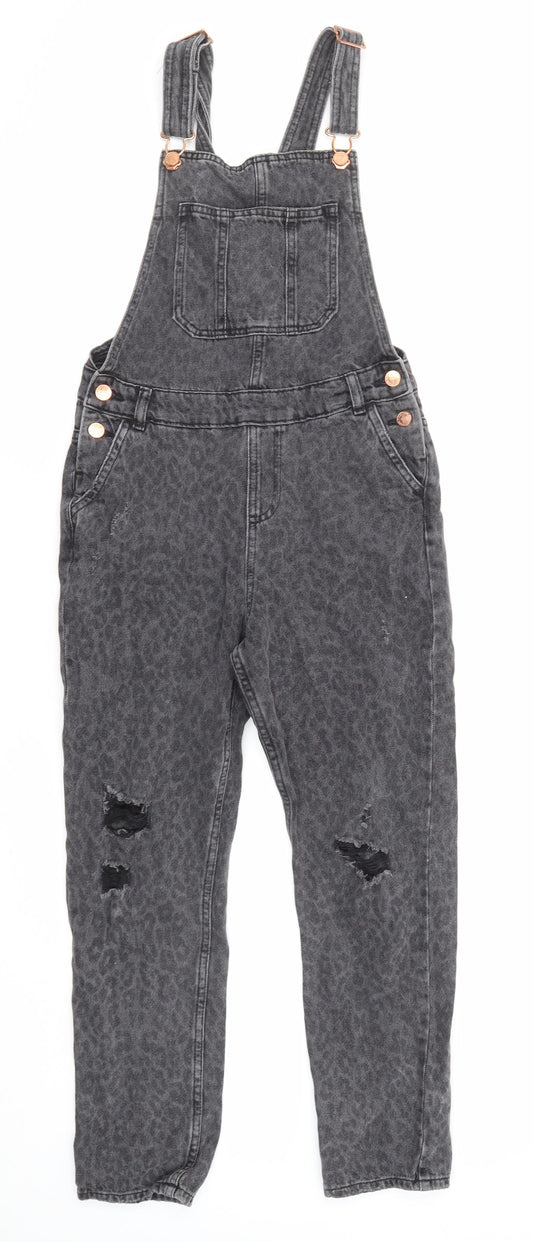 Marks and Spencer Girls Grey Animal Print Cotton Dungaree One-Piece Size 11-12 Years L23 in Button