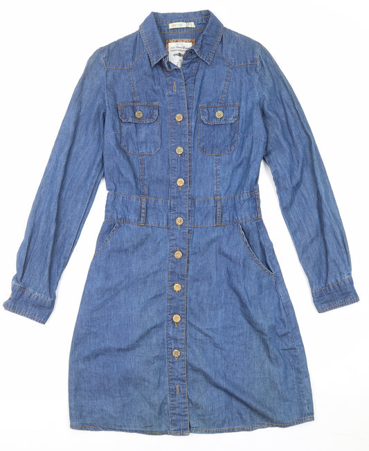 Denim & Co. Womens Blue Cotton Shirt Dress Size 10 Collared Button