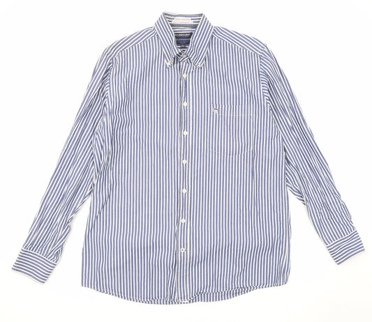 Basefield Mens Blue Striped Cotton Button-Up Size L Collared Button