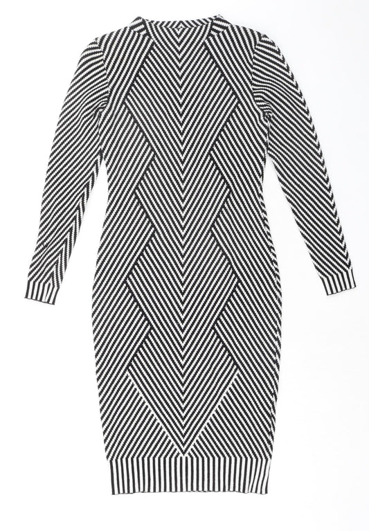 Karen Millen Womens Black Geometric Viscose Bodycon Size S Mock Neck Pullover
