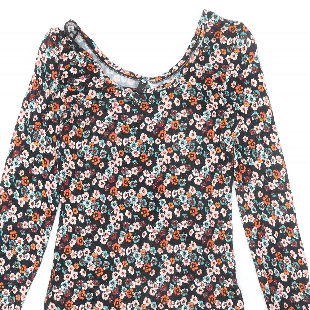Divided by H&M Womens Black Geometric Viscose A-Line Size 8 Scoop Neck Pullover - Flower Print