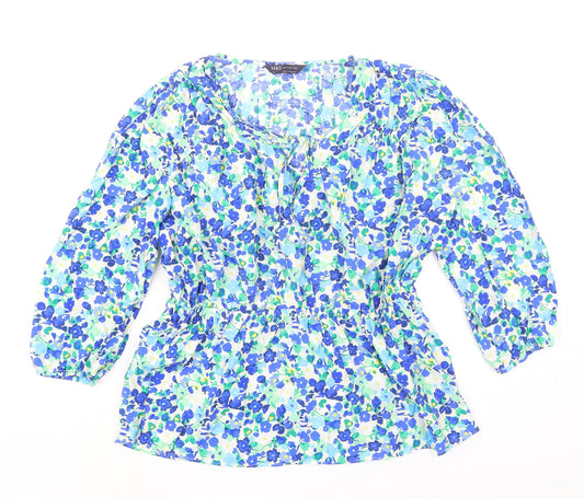 Marks and Spencer Womens Blue Floral Polyester Basic Blouse Size 12 Boat Neck