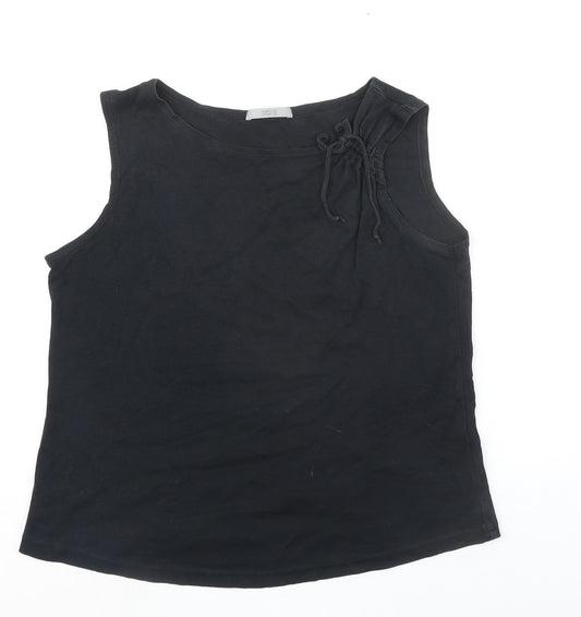 Marks and Spencer Womens Black 100% Cotton Basic Tank Size 16 Boat Neck - Ruched Shoulder Detail