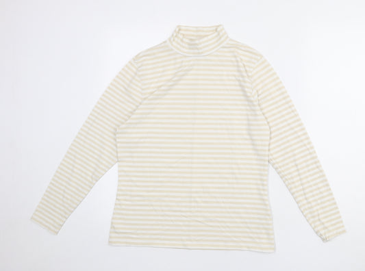 Marks and Spencer Womens Beige Striped Cotton Basic T-Shirt Size 16 Mock Neck