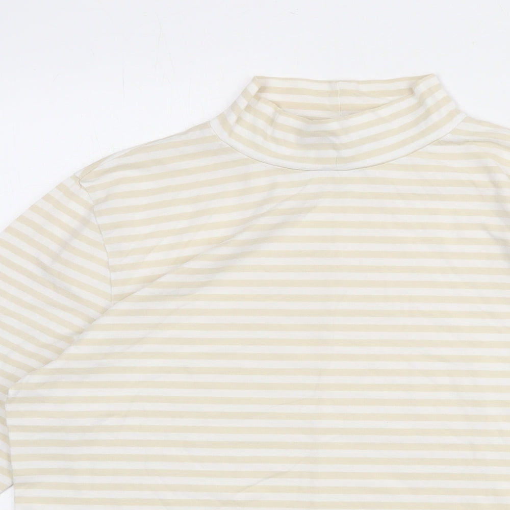 Marks and Spencer Womens Beige Striped Cotton Basic T-Shirt Size 16 Mock Neck