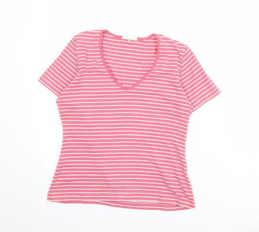 Marks and Spencer Womens Pink Striped 100% Cotton Basic T-Shirt Size 16 V-Neck