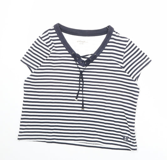 DASH Womens Blue Striped Cotton Basic T-Shirt Size 16 V-Neck