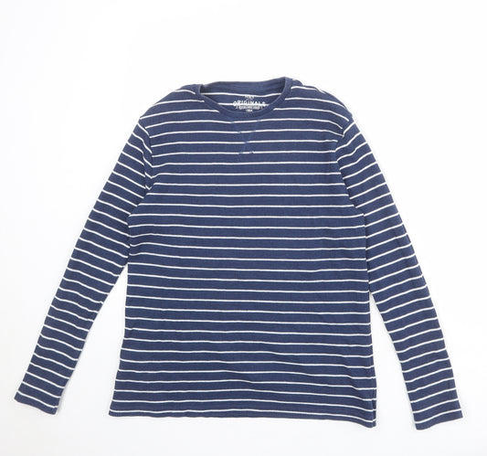 Marks and Spencer Boys Blue Striped Cotton Basic T-Shirt Size 14-15 Years Round Neck Pullover